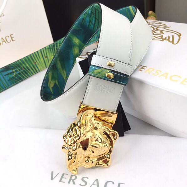 Versace Head Leather Green Belt With Gold Buckle - FashionPlug