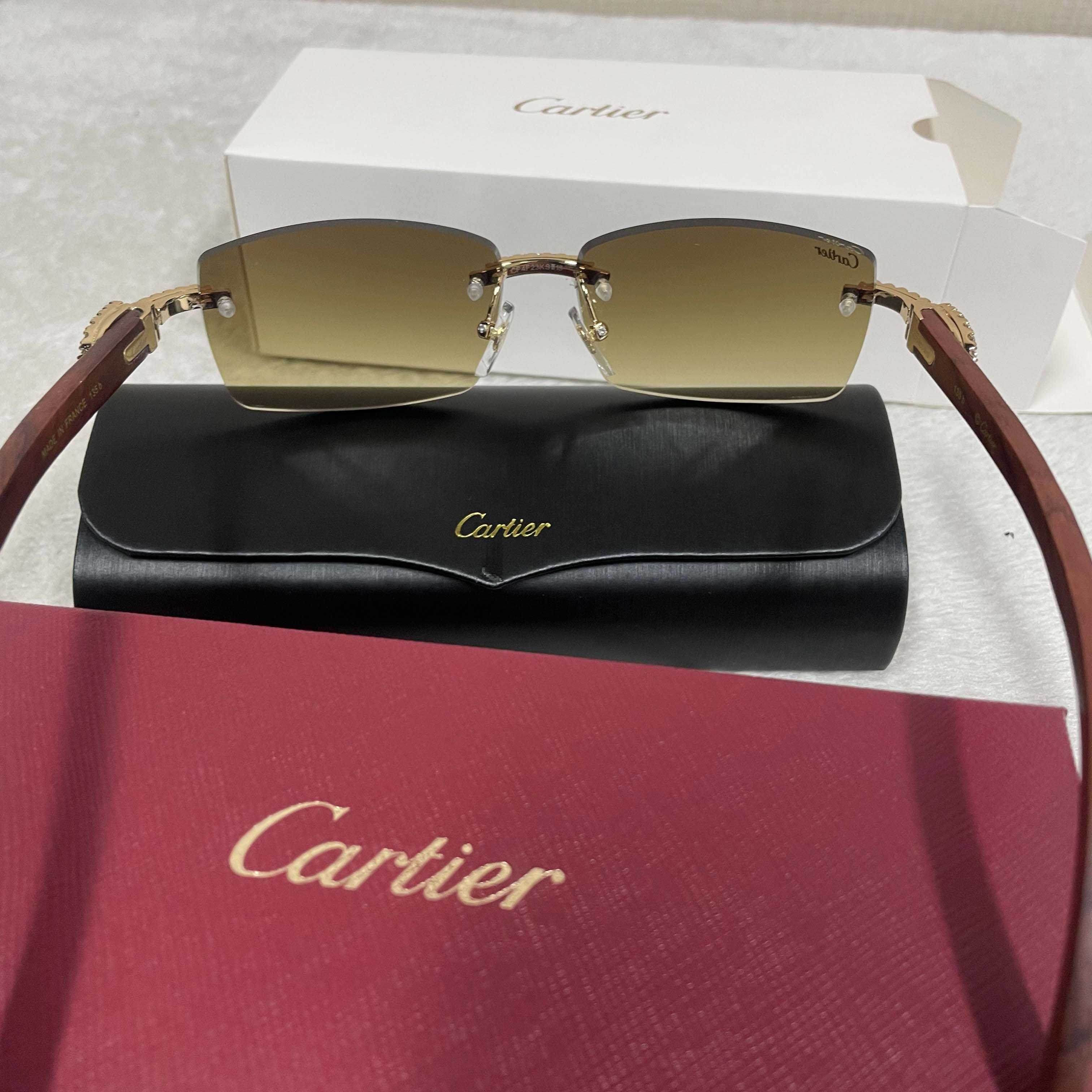Cartier 3524012 Diamond Wood Sunglasses In Gold - FashionPlug