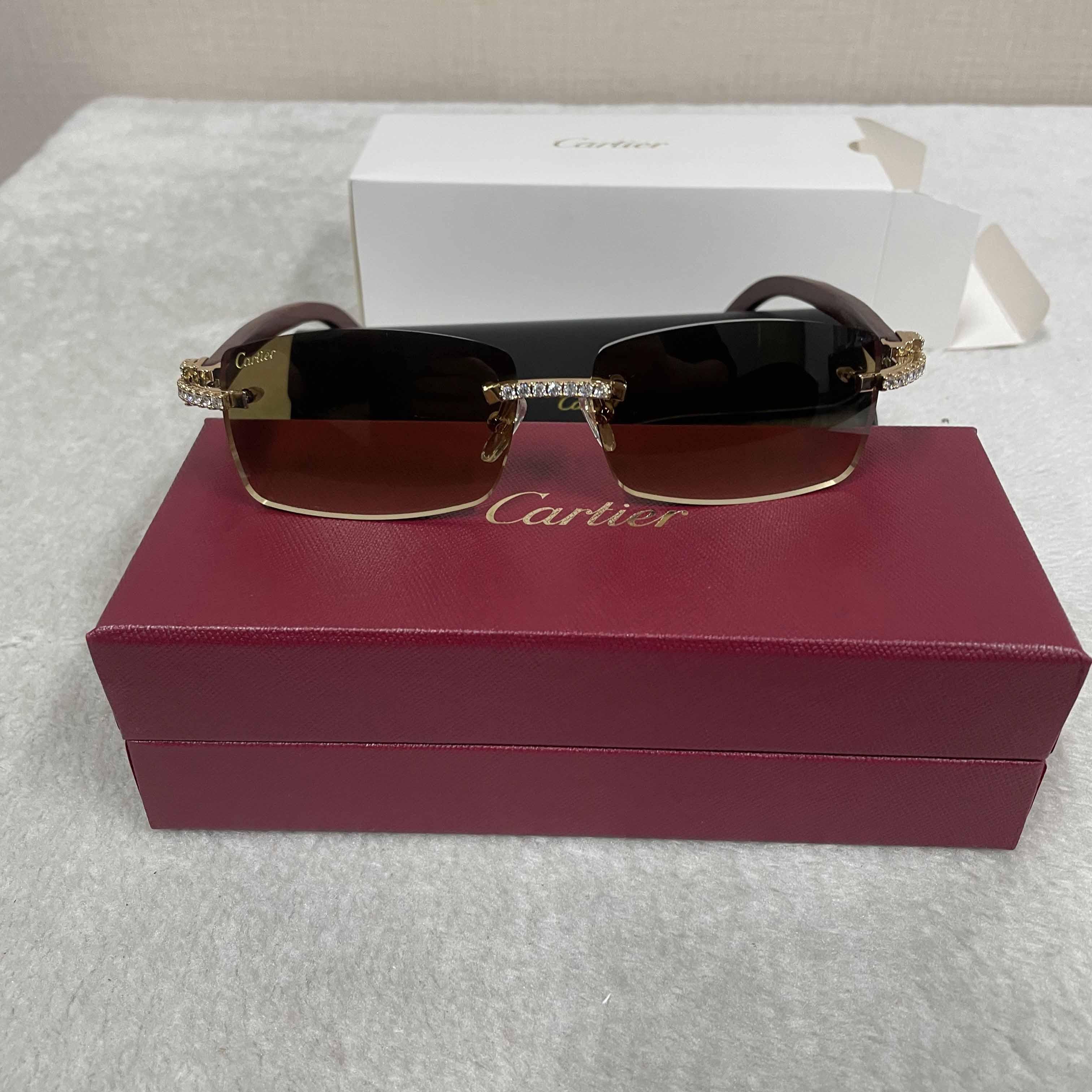 Cartier 3524012 Diamond Wood Sunglasses In Gold - FashionPlug