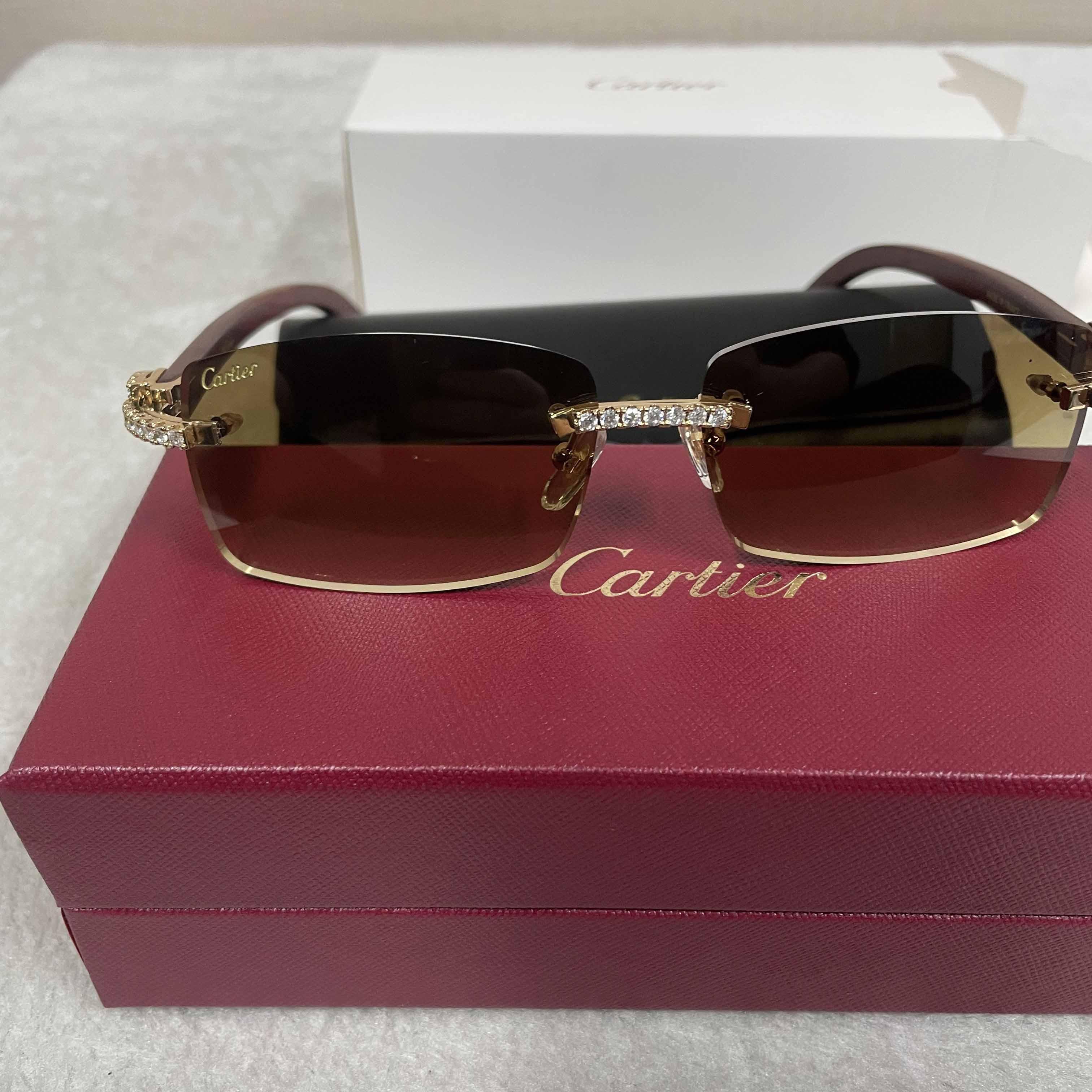 Cartier 3524012 Diamond Wood Sunglasses In Gold - FashionPlug