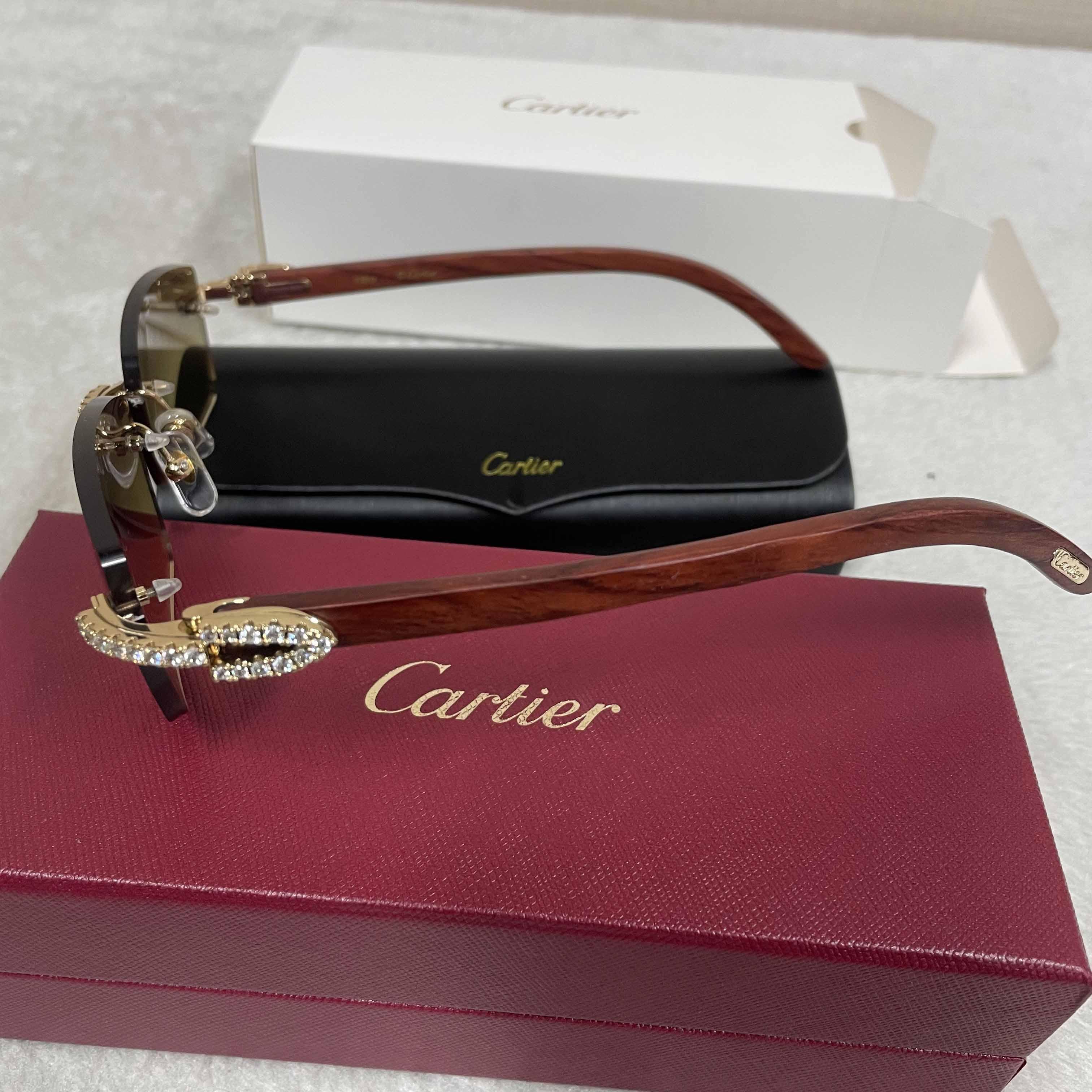 Cartier 3524012 Diamond Wood Sunglasses In Gold - FashionPlug