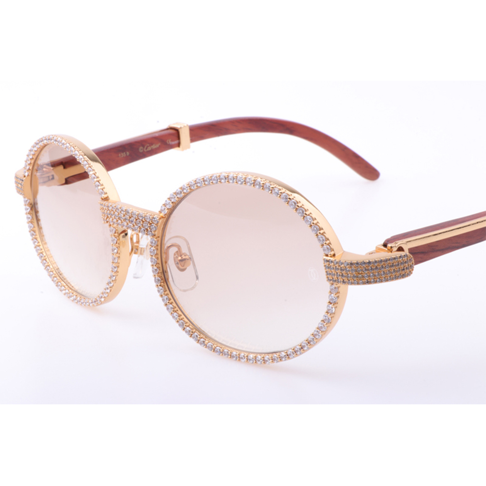 Cartier 7550178 55-22 New Full Diamond Wood Sunglasses In Gold Brown - FashionPlug