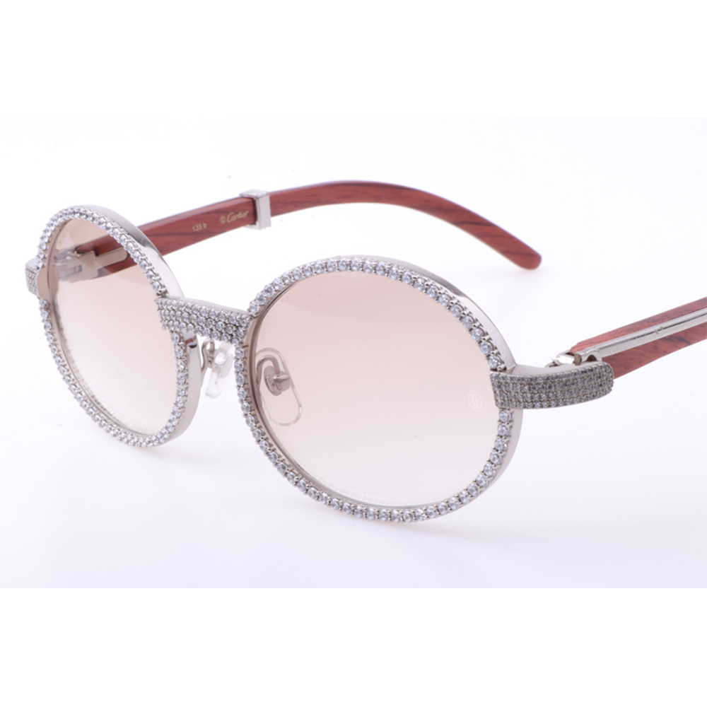 Cartier 7550178 55-22 New Full Diamond Wood Sunglasses In Silver Brown - FashionPlug