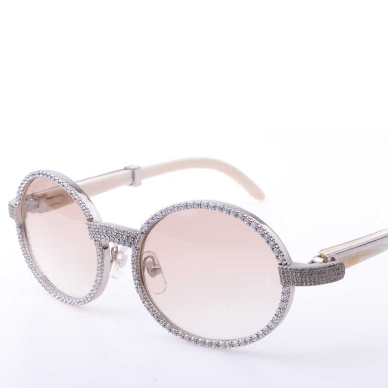 Cartier  7550178 55-22 New Full Diamond White Buffalo Sunglasses In Silver Brown - FashionPlug