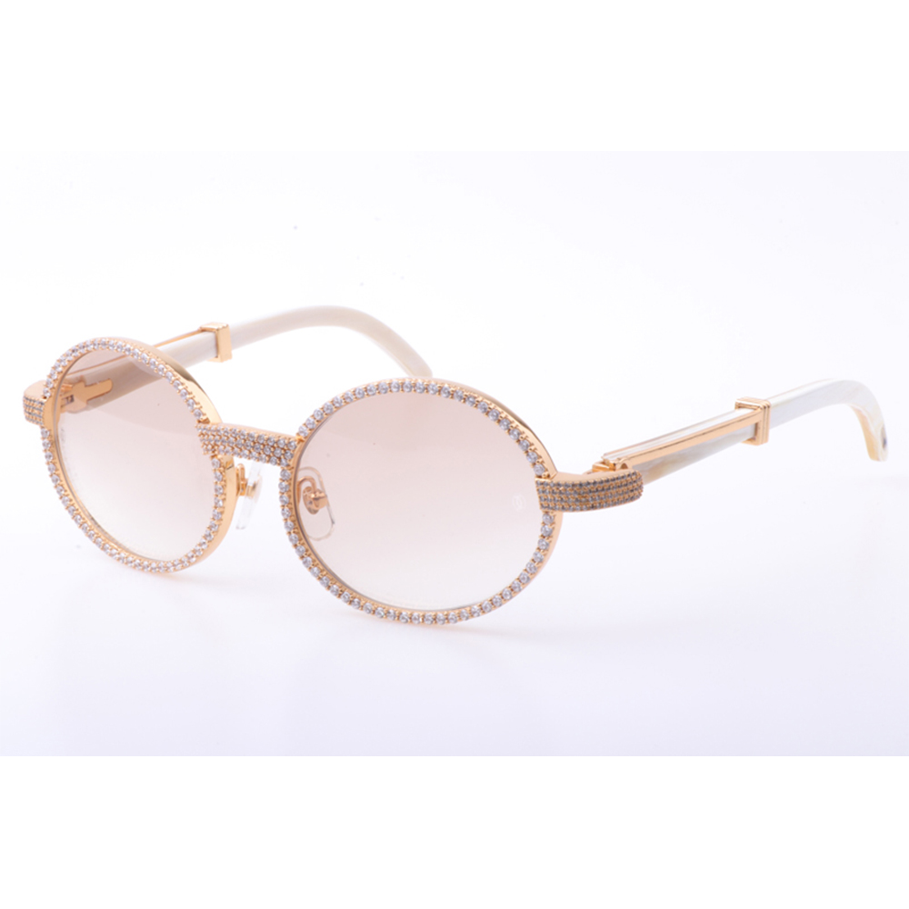 Cartier 7550178 55-22 New Full Diamond White Buffalo Sunglasses In Gold Brown - FashionPlug