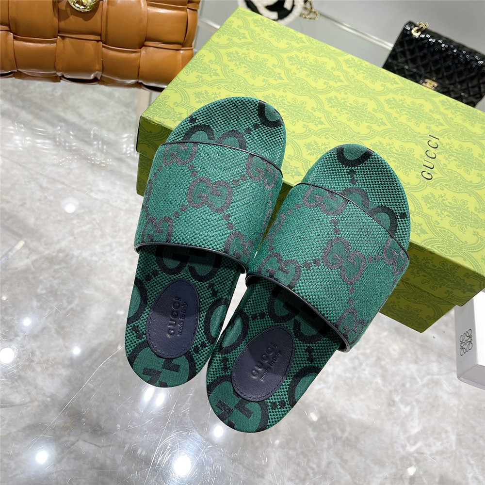 Gucci  Green GG Logo Slides - FashionPlug