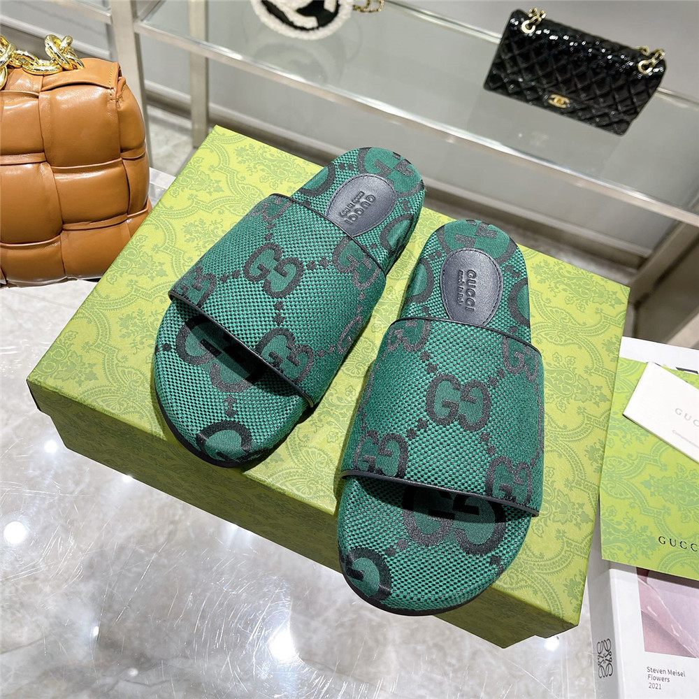Gucci  Green GG Logo Slides - FashionPlug