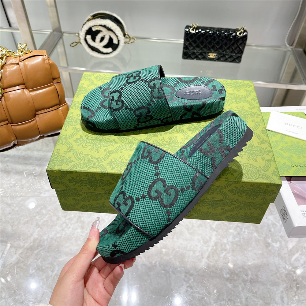 Gucci  Green GG Logo Slides - FashionPlug