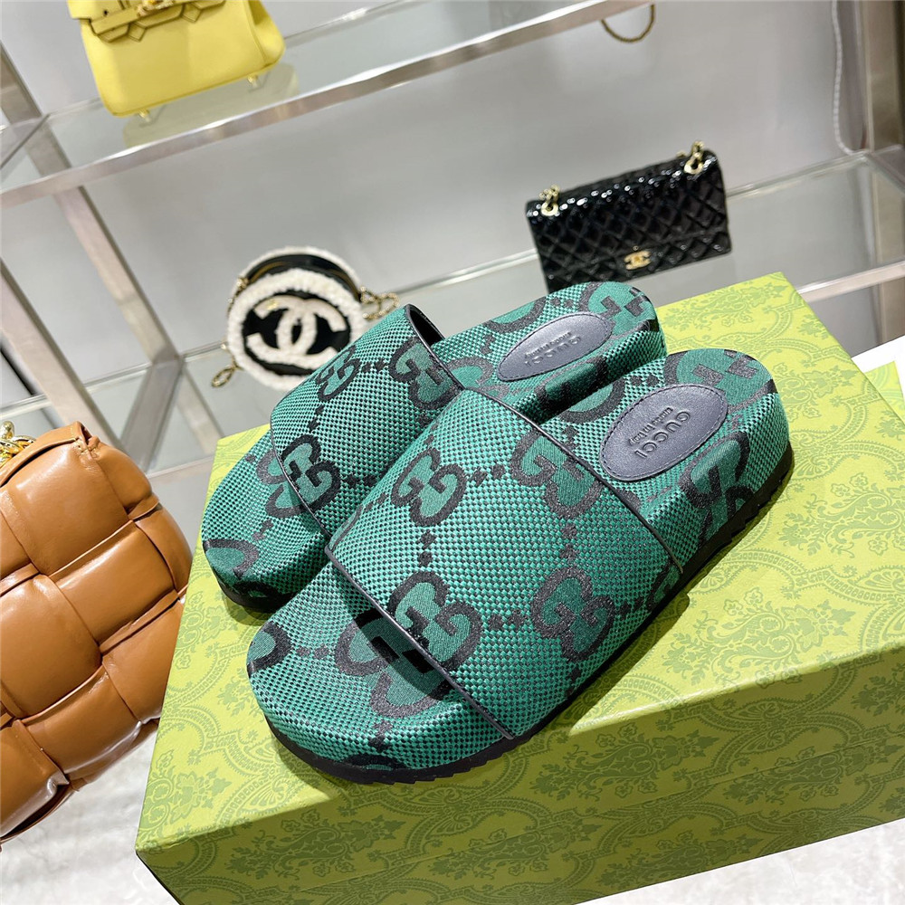 Gucci  Green GG Logo Slides - FashionPlug