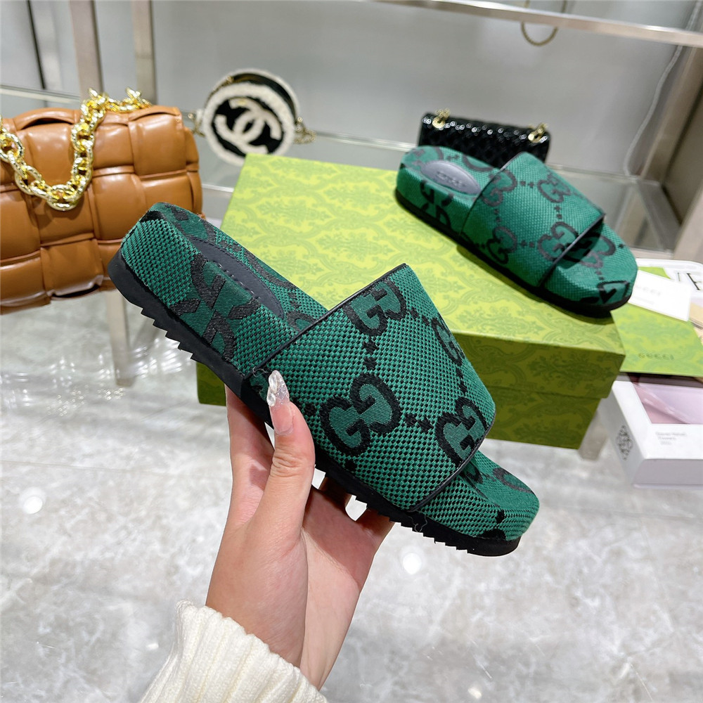 Gucci  Green GG Logo Slides - FashionPlug