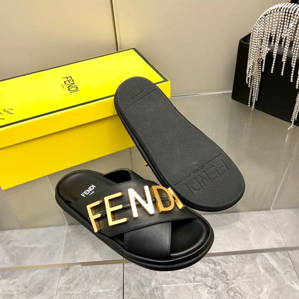 Fendi Graphy Black Leather Slides - FashionPlug