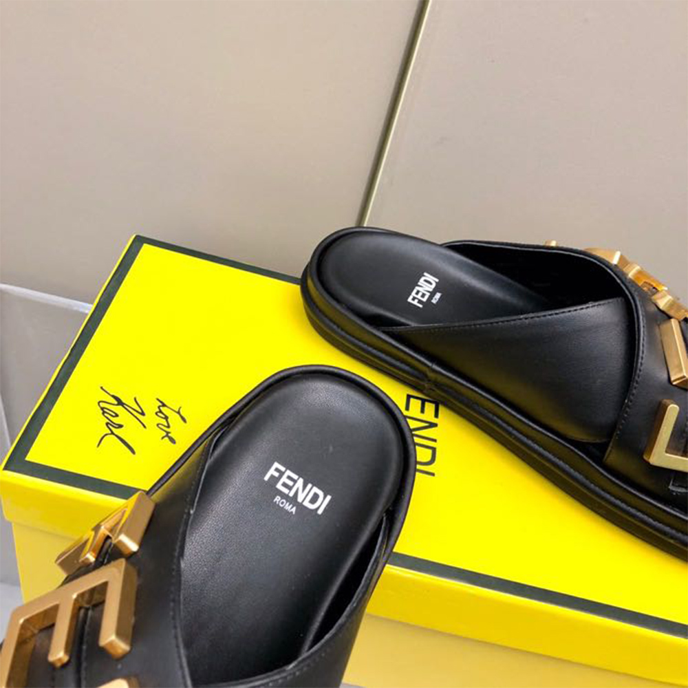 Fendi Graphy Black Leather Slides - FashionPlug