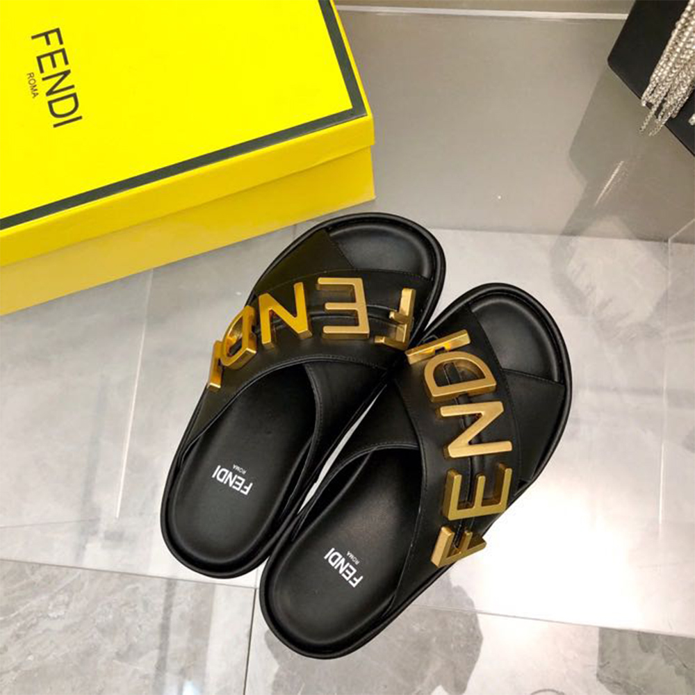 Fendi Graphy Black Leather Slides - FashionPlug