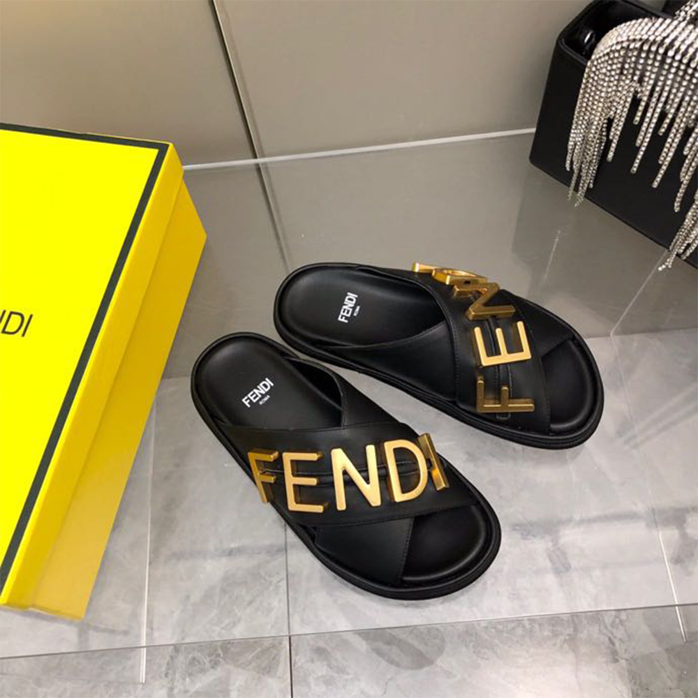 Fendi Graphy Black Leather Slides - FashionPlug