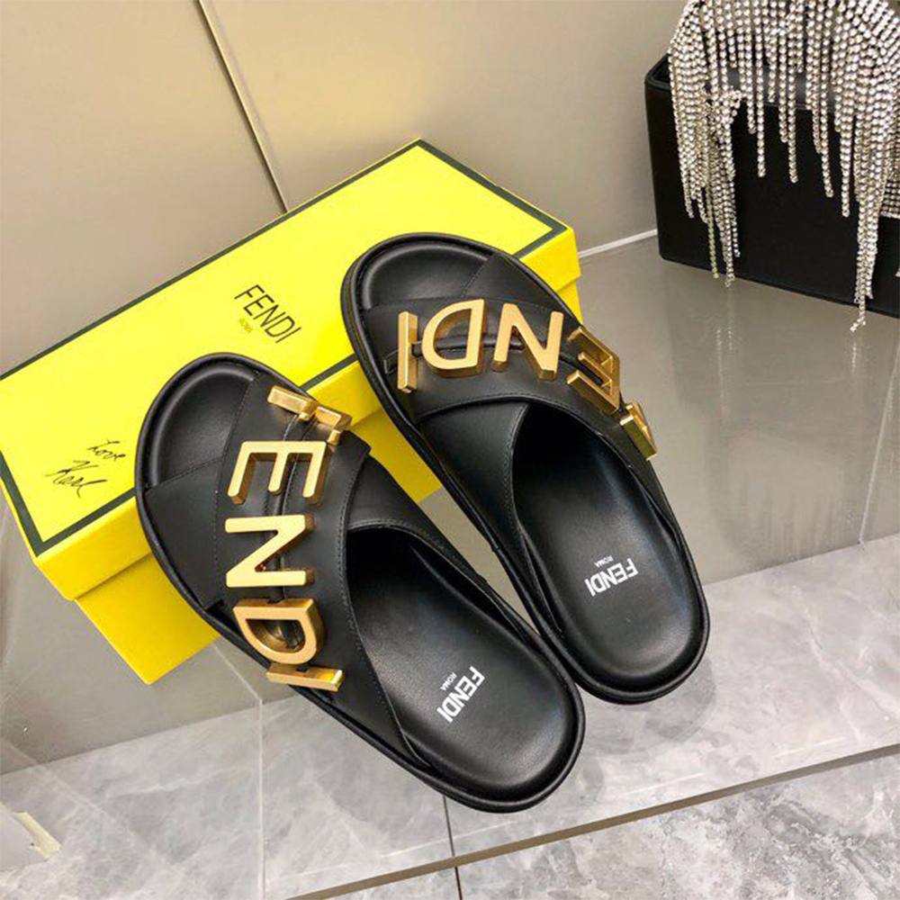 Fendi Graphy Black Leather Slides - FashionPlug
