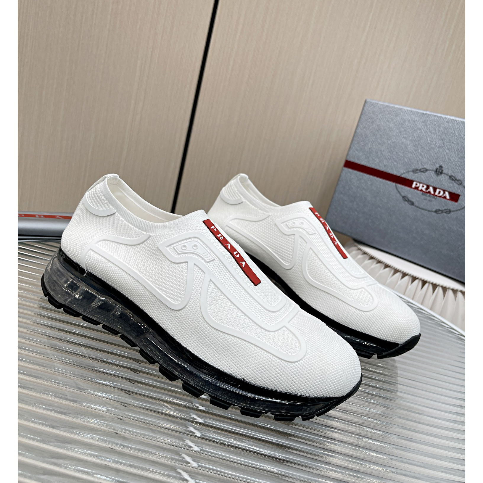 Prada Logo Sneakers In White - FashionPlug