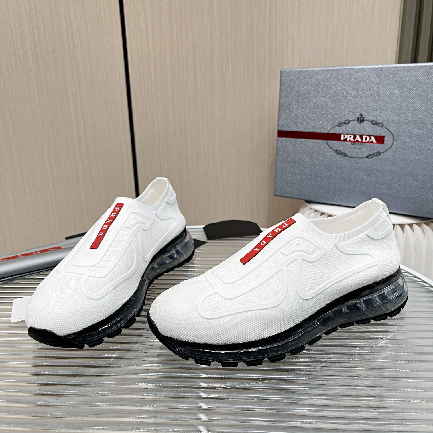 Prada Logo Sneakers In White - FashionPlug