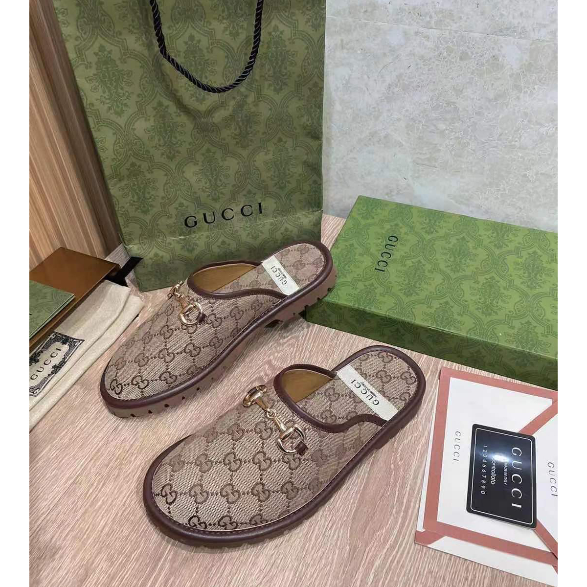 Gucci Beige & Brown GG Horsebit Slip-On Loafers - FashionPlug