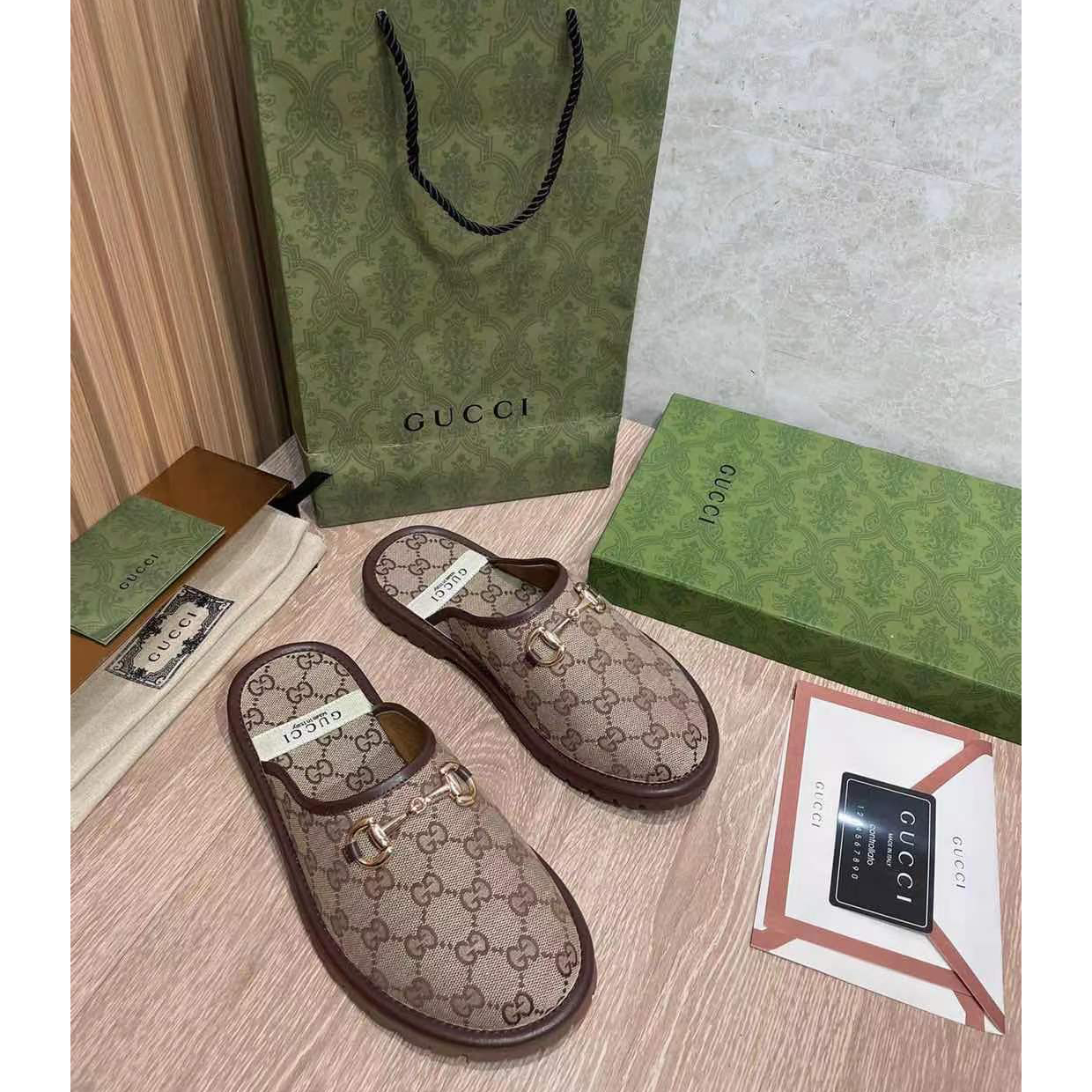 Gucci Beige & Brown GG Horsebit Slip-On Loafers - FashionPlug