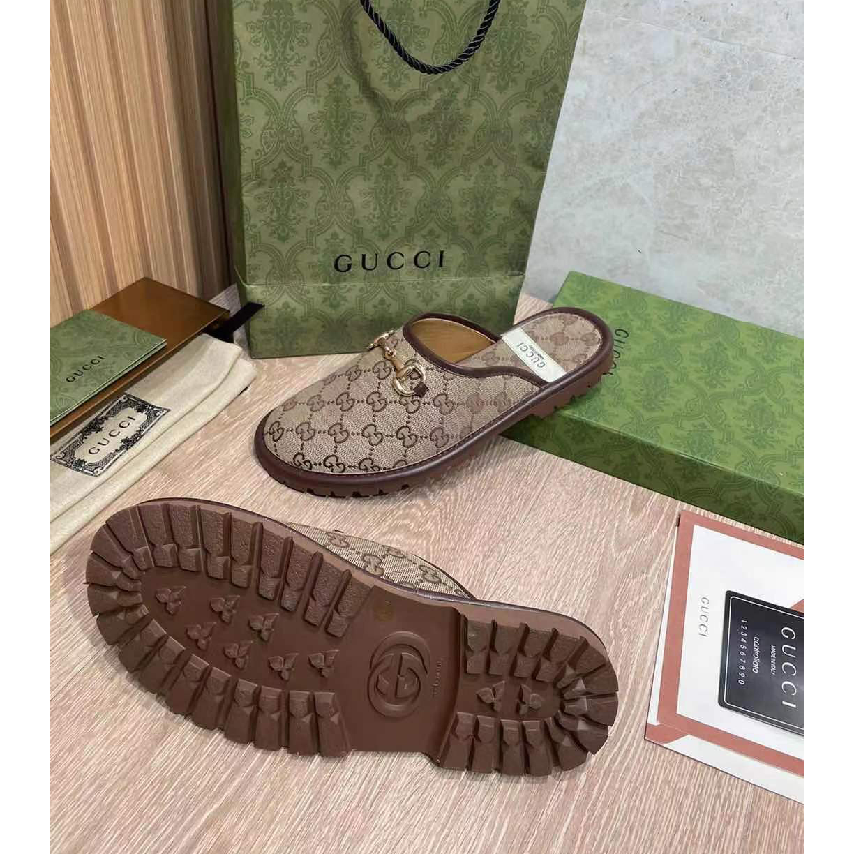 Gucci Beige & Brown GG Horsebit Slip-On Loafers - FashionPlug