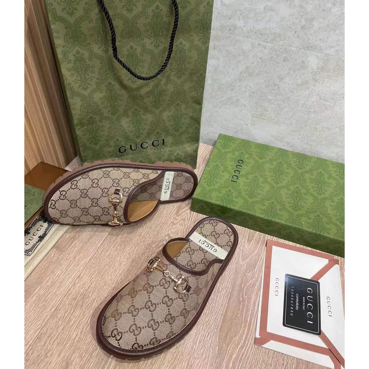 Gucci Beige & Brown GG Horsebit Slip-On Loafers - FashionPlug