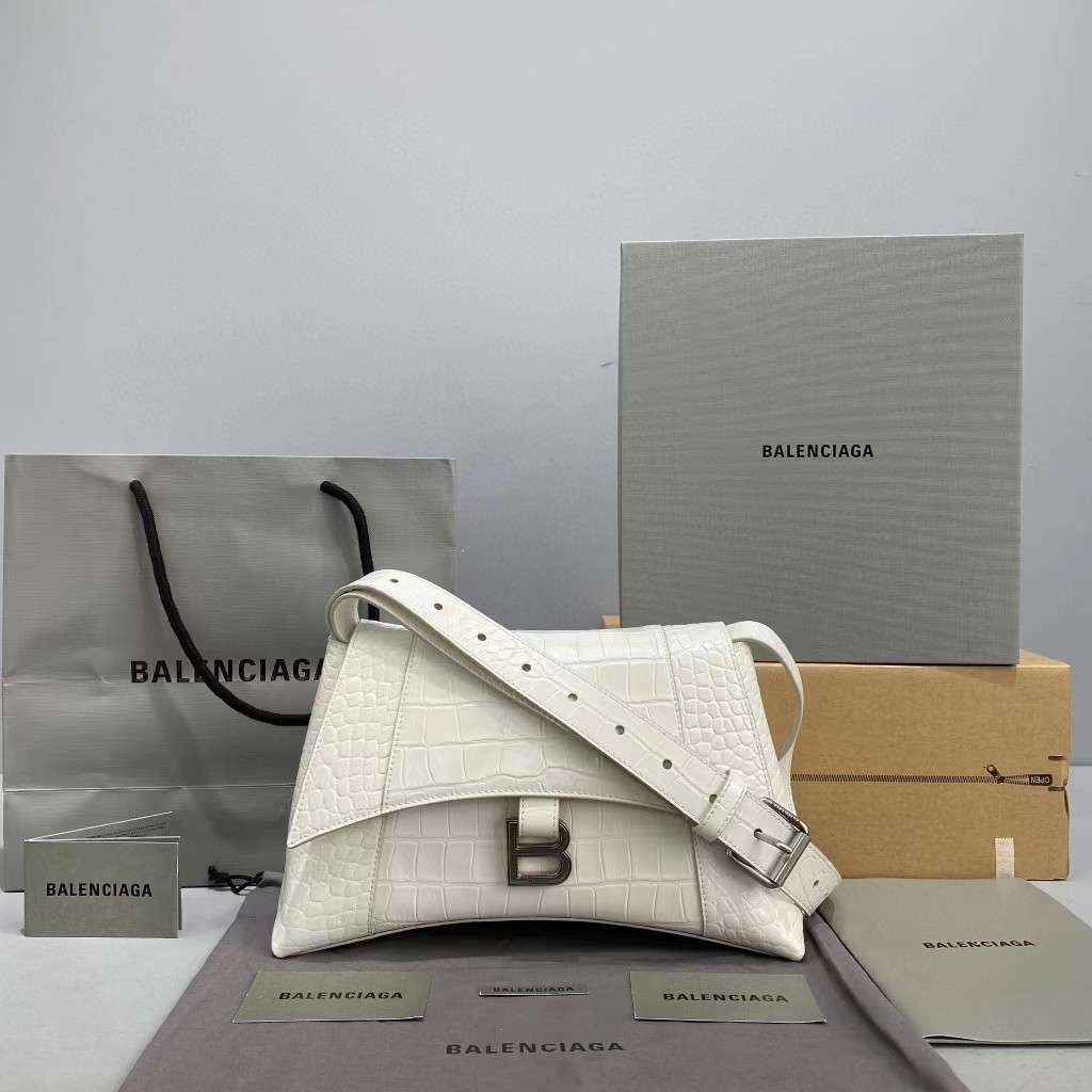 Balenciaga Women's Downtown Small Shoulder Bag Crocodile Embossed In White（29-18-10CM） - FashionPlug
