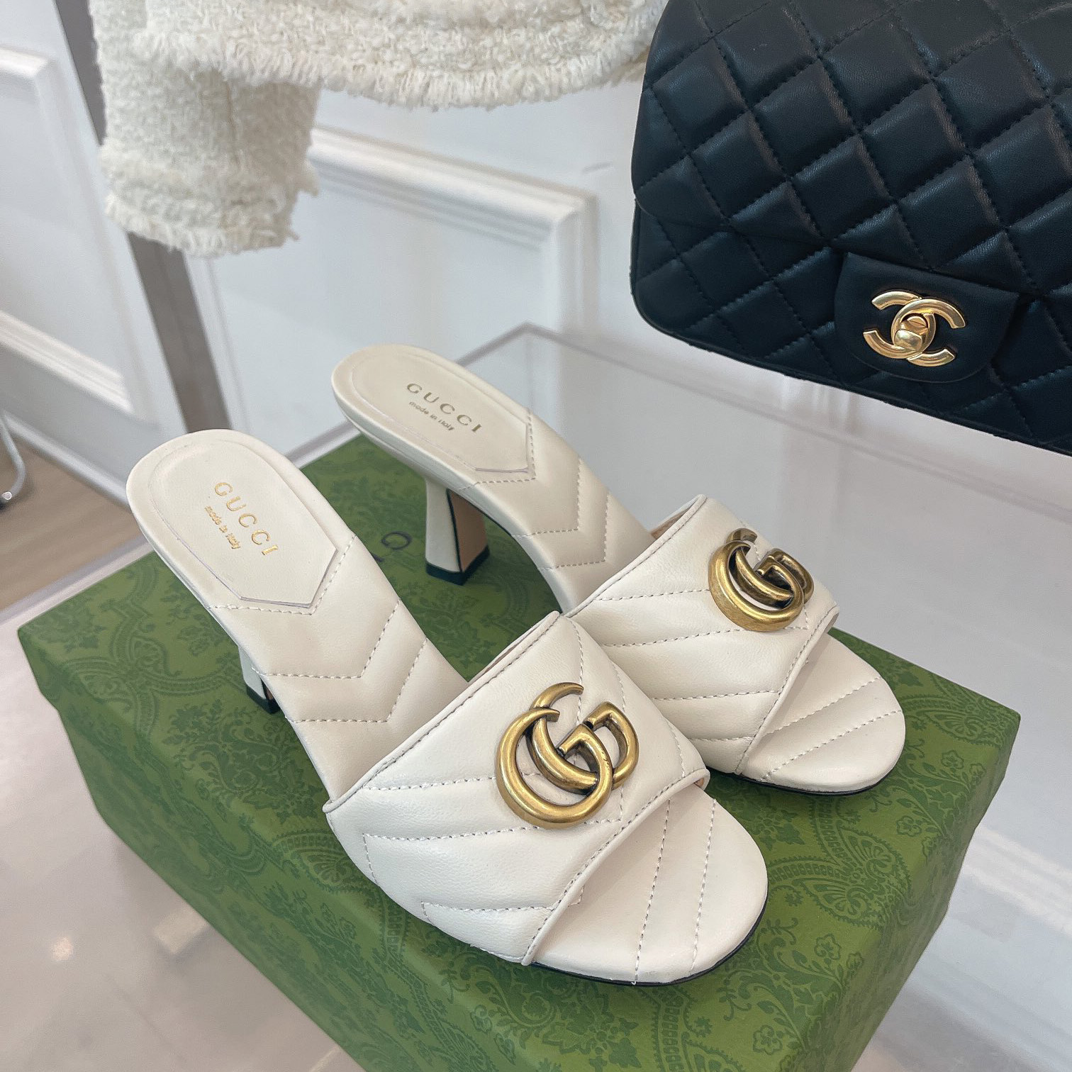 Gucci Women's Double G Slide Sandal With Heel Height Of 7.5cm - FashionPlug