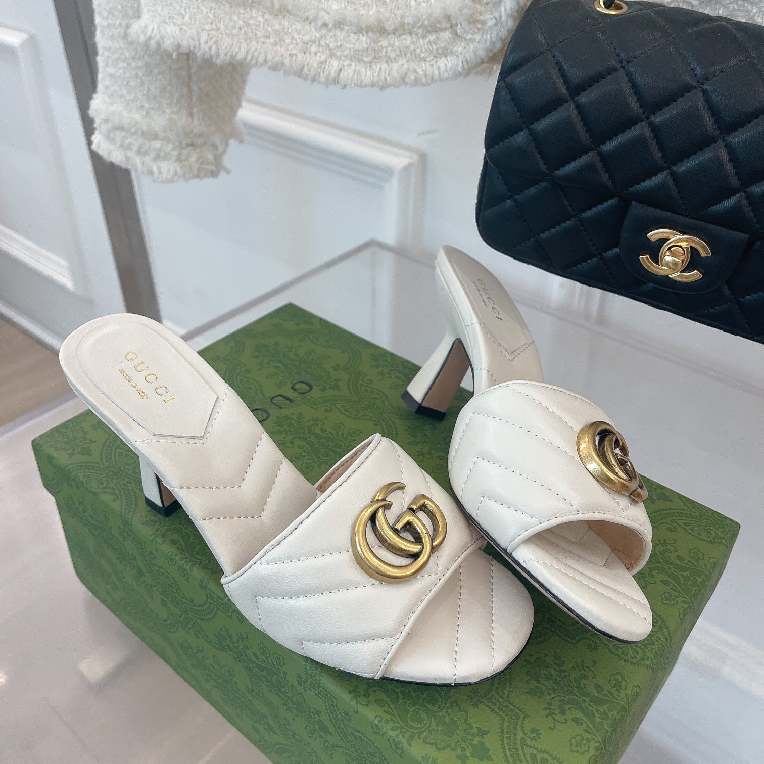 Gucci Women's Double G Slide Sandal With Heel Height Of 7.5cm - FashionPlug