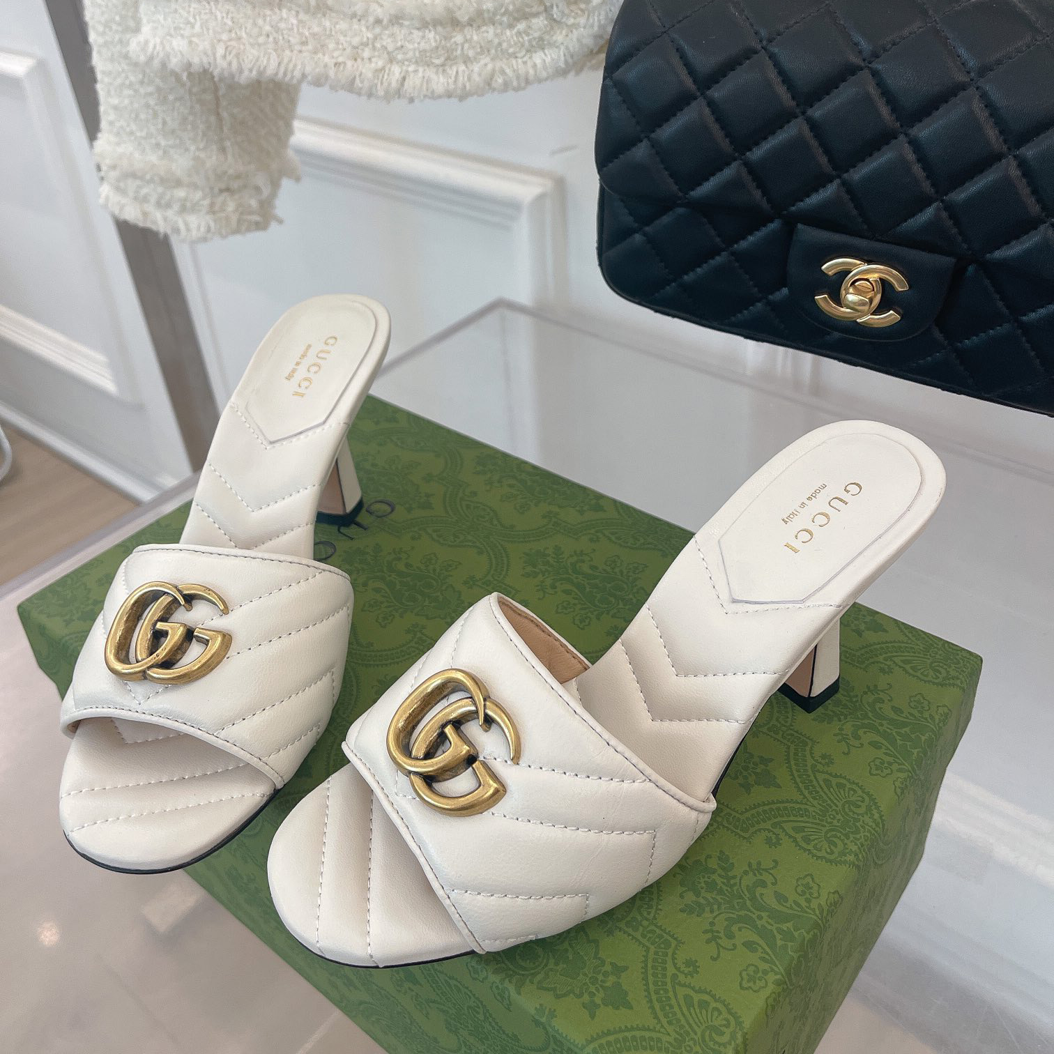 Gucci Women's Double G Slide Sandal With Heel Height Of 7.5cm - FashionPlug