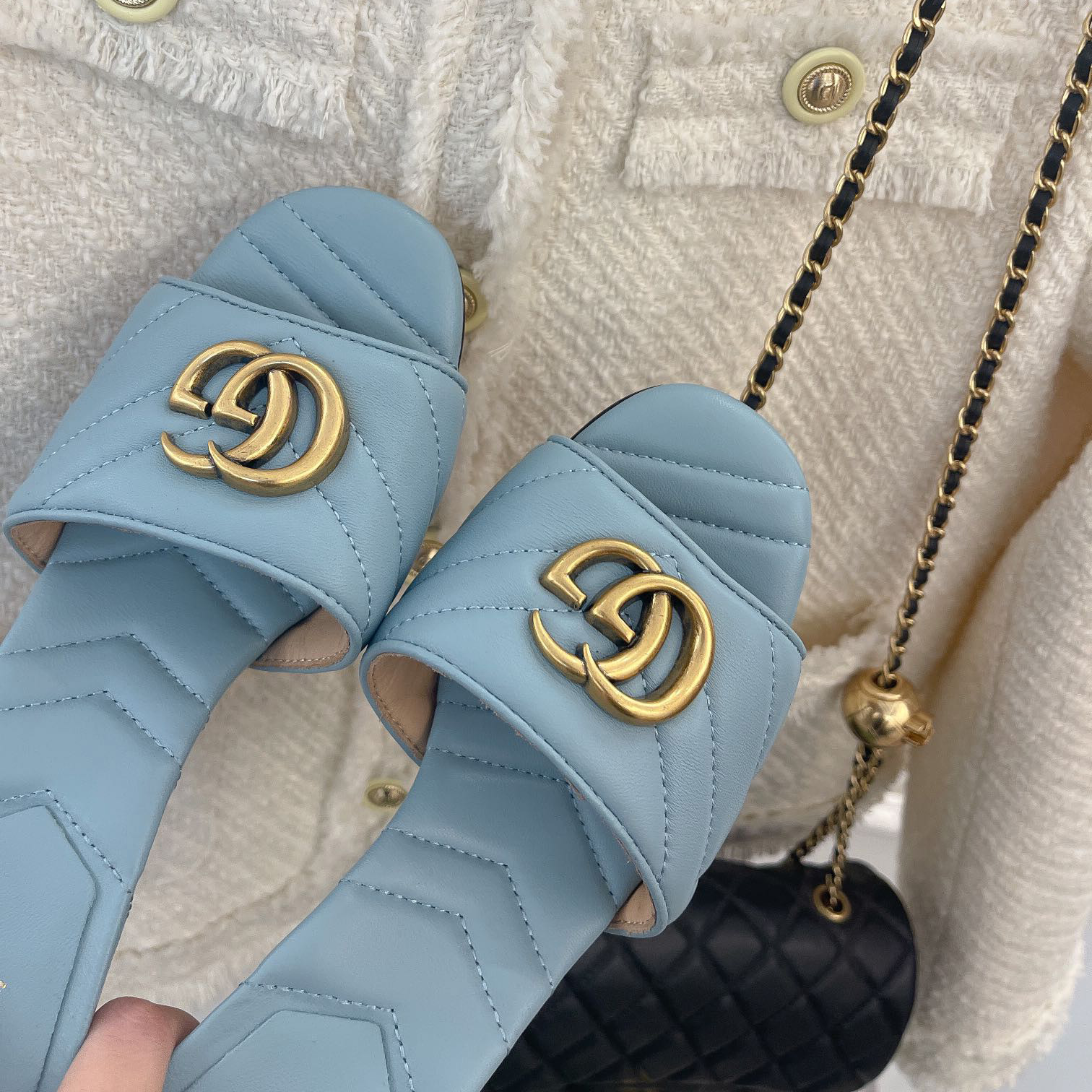 Gucci Women's Double G Slide Sandal With Heel Height Of 7.5cm - FashionPlug