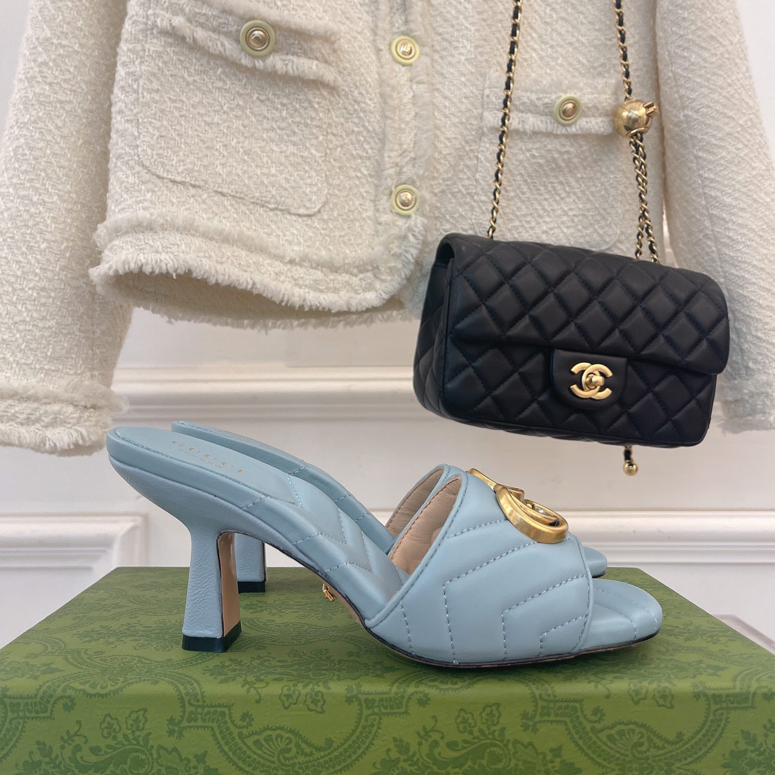 Gucci Women's Double G Slide Sandal With Heel Height Of 7.5cm - FashionPlug