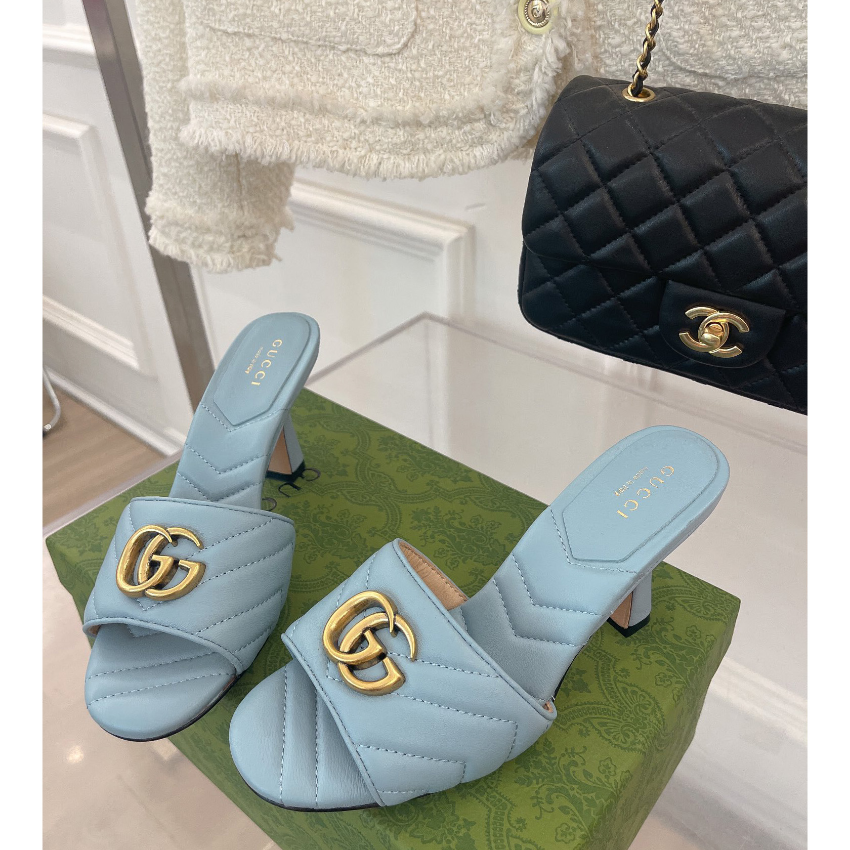 Gucci Women's Double G Slide Sandal With Heel Height Of 7.5cm - FashionPlug