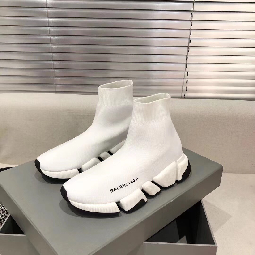 Balenciaga  Speed 2.0 Recycled Knit Sneaker In White/Black - FashionPlug