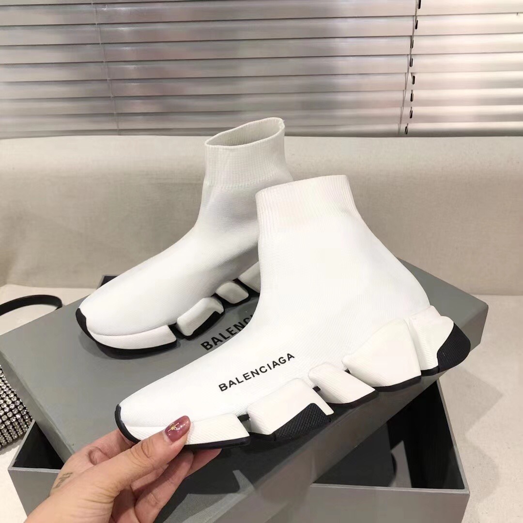 Balenciaga  Speed 2.0 Recycled Knit Sneaker In White/Black - FashionPlug