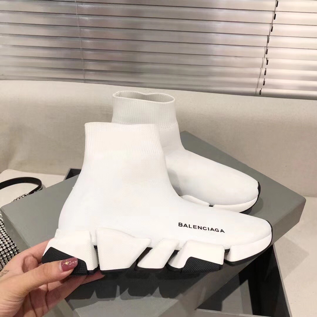 Balenciaga  Speed 2.0 Recycled Knit Sneaker In White/Black - FashionPlug