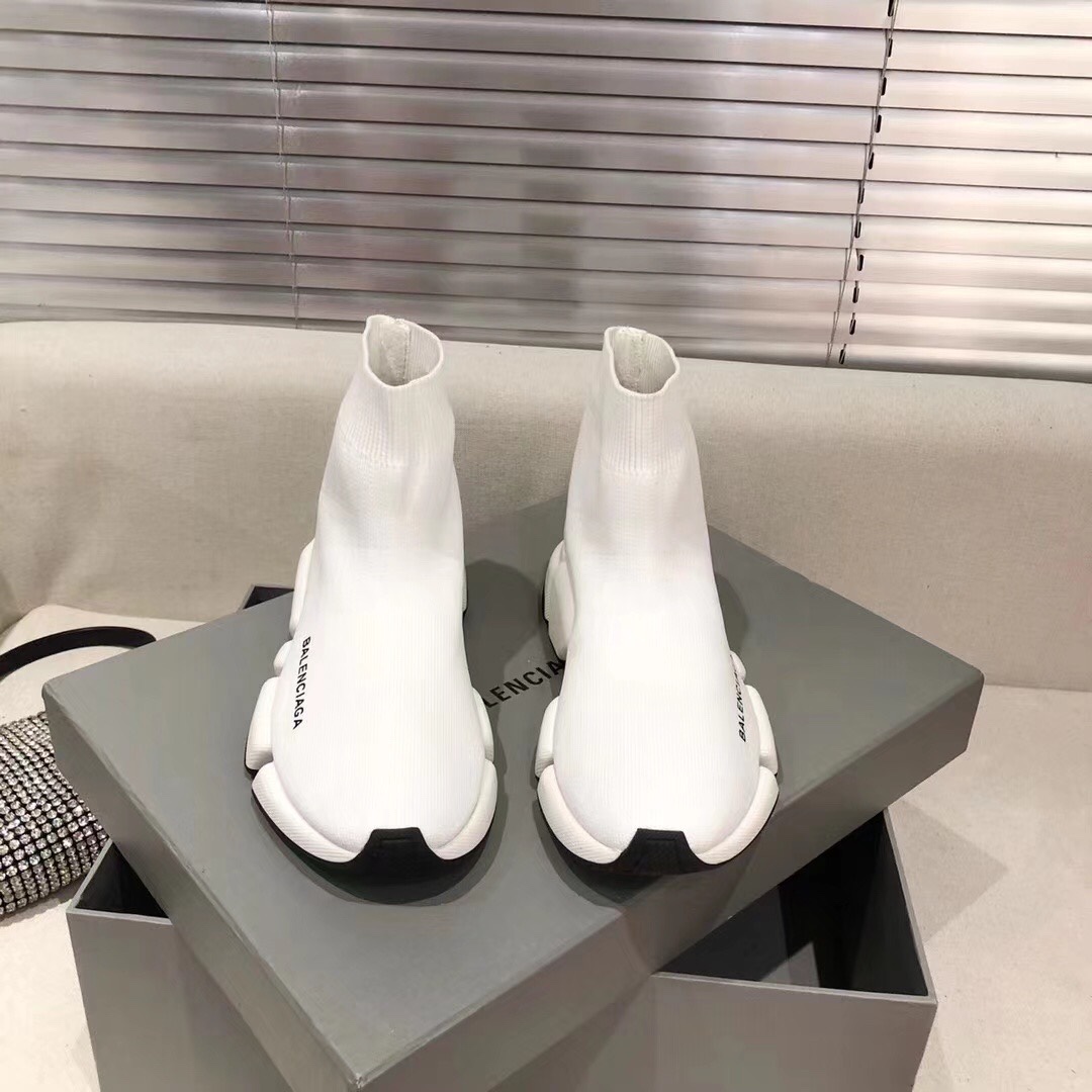 Balenciaga  Speed 2.0 Recycled Knit Sneaker In White/Black - FashionPlug