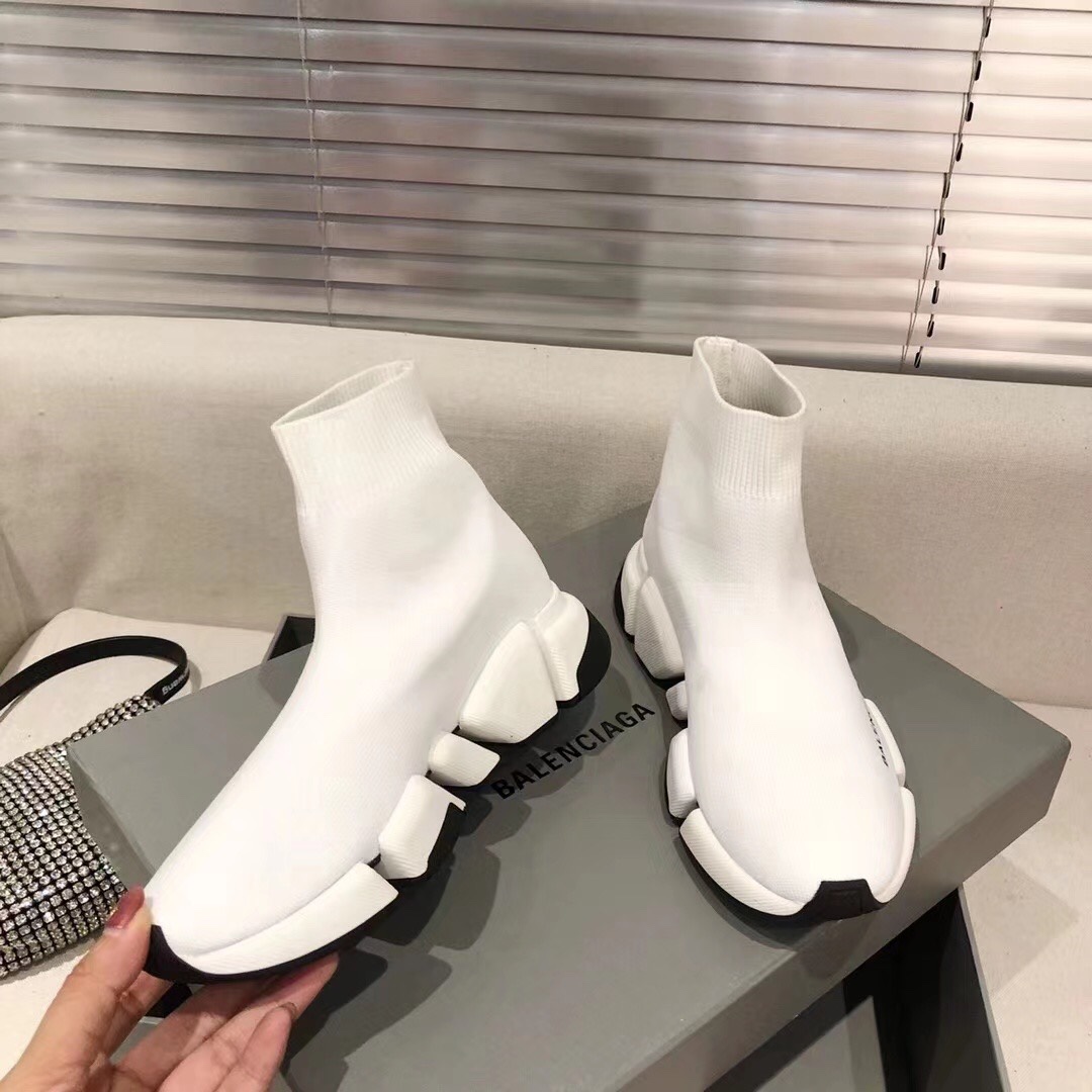 Balenciaga  Speed 2.0 Recycled Knit Sneaker In White/Black - FashionPlug
