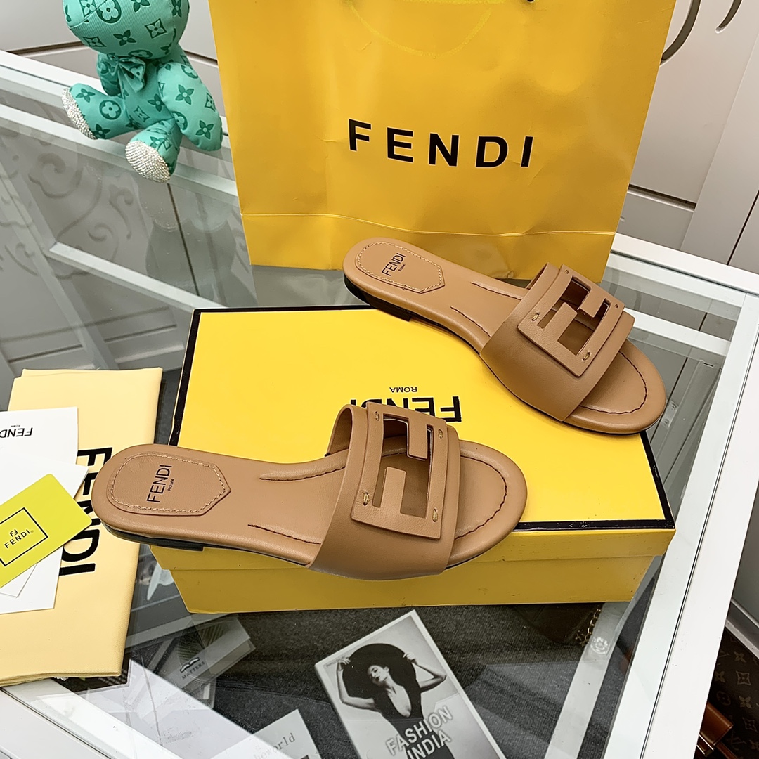 Fendi Signature Brown Leather Slides - FashionPlug