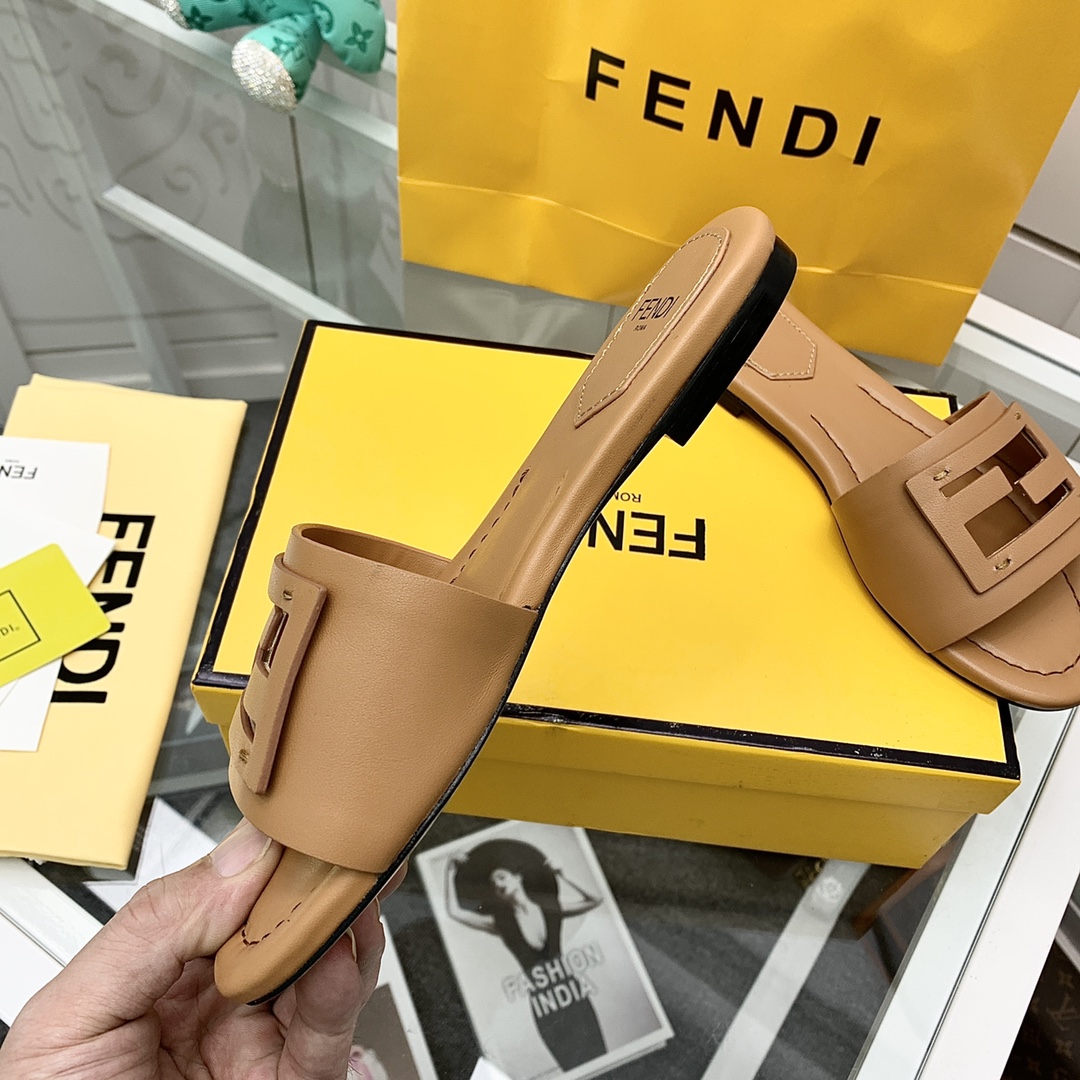 Fendi Signature Brown Leather Slides - FashionPlug