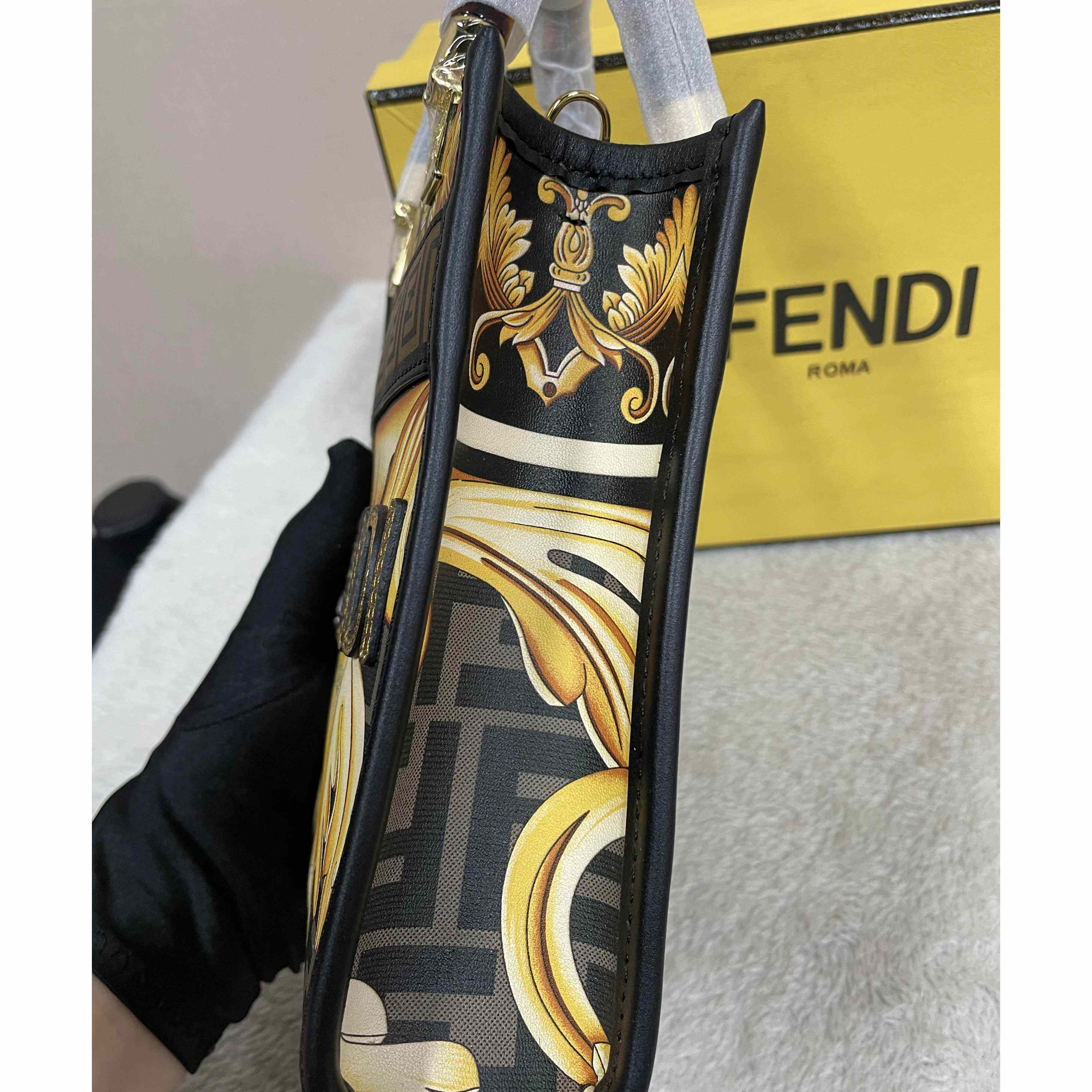 Versace x Fendi Mini Sunshine Shopper Fendace Printed White Leather Mini Bag(13-18-6.5cm) - FashionPlug