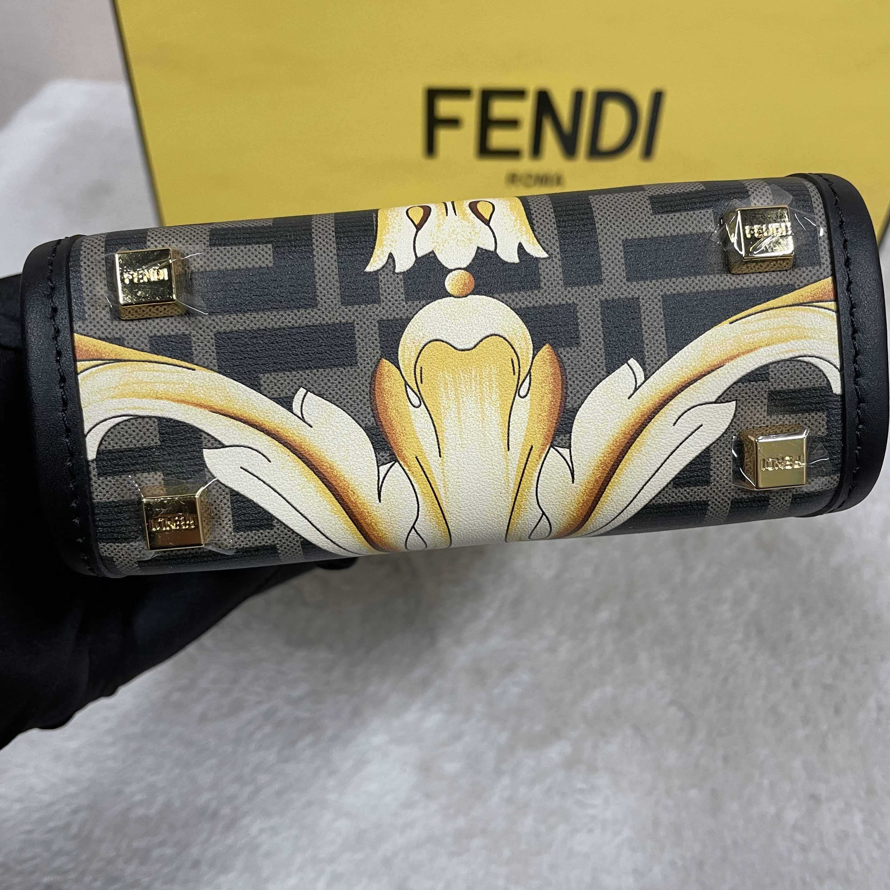 Versace x Fendi Mini Sunshine Shopper Fendace Printed White Leather Mini Bag(13-18-6.5cm) - FashionPlug