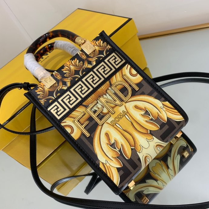 Versace x Fendi Mini Sunshine Shopper Fendace Printed White Leather Mini Bag(13-18-6.5cm) - FashionPlug