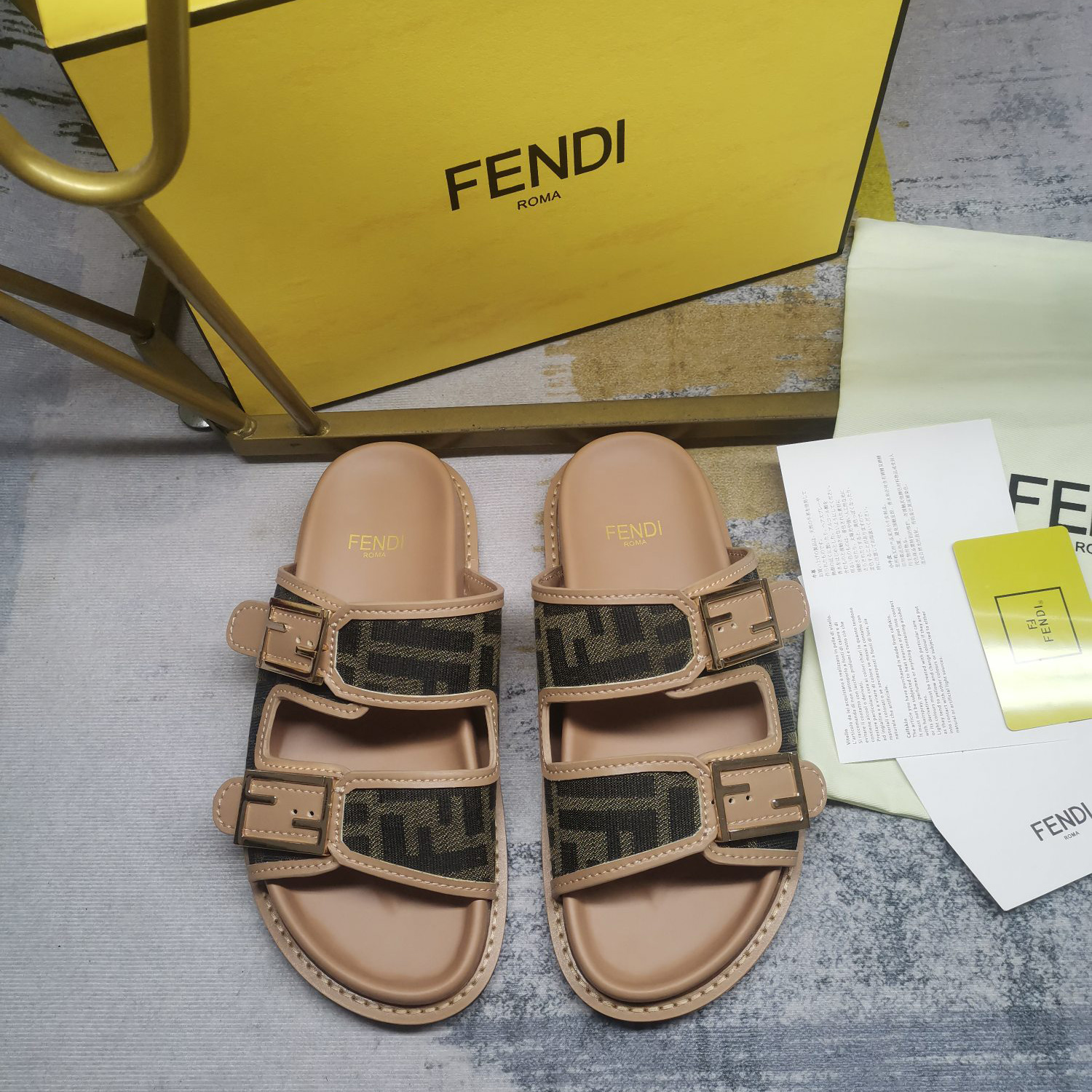 Fendi Feel Brown FF Fabric Slides - FashionPlug