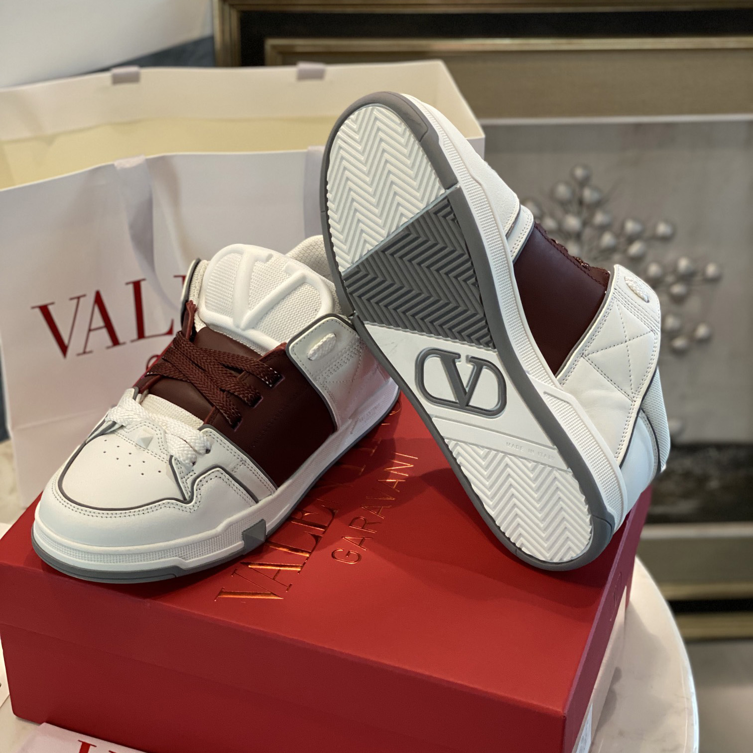 Valenti Open Skate Calfskin And Fabric Sneaker In White/Rubin - FashionPlug