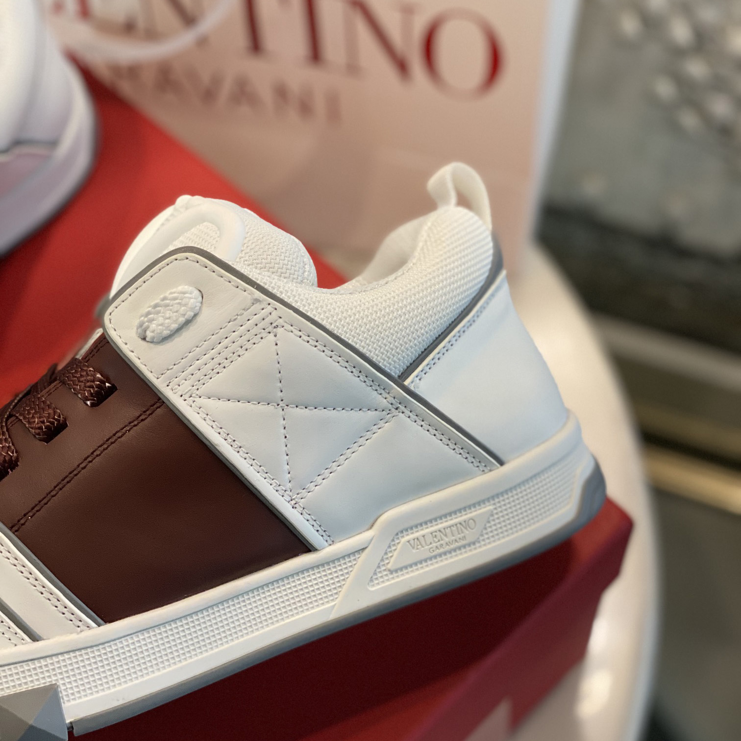Valenti Open Skate Calfskin And Fabric Sneaker In White/Rubin - FashionPlug