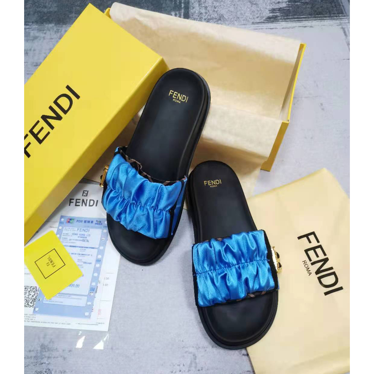 Fendi Fendi Feel Blue Satin Slides - FashionPlug