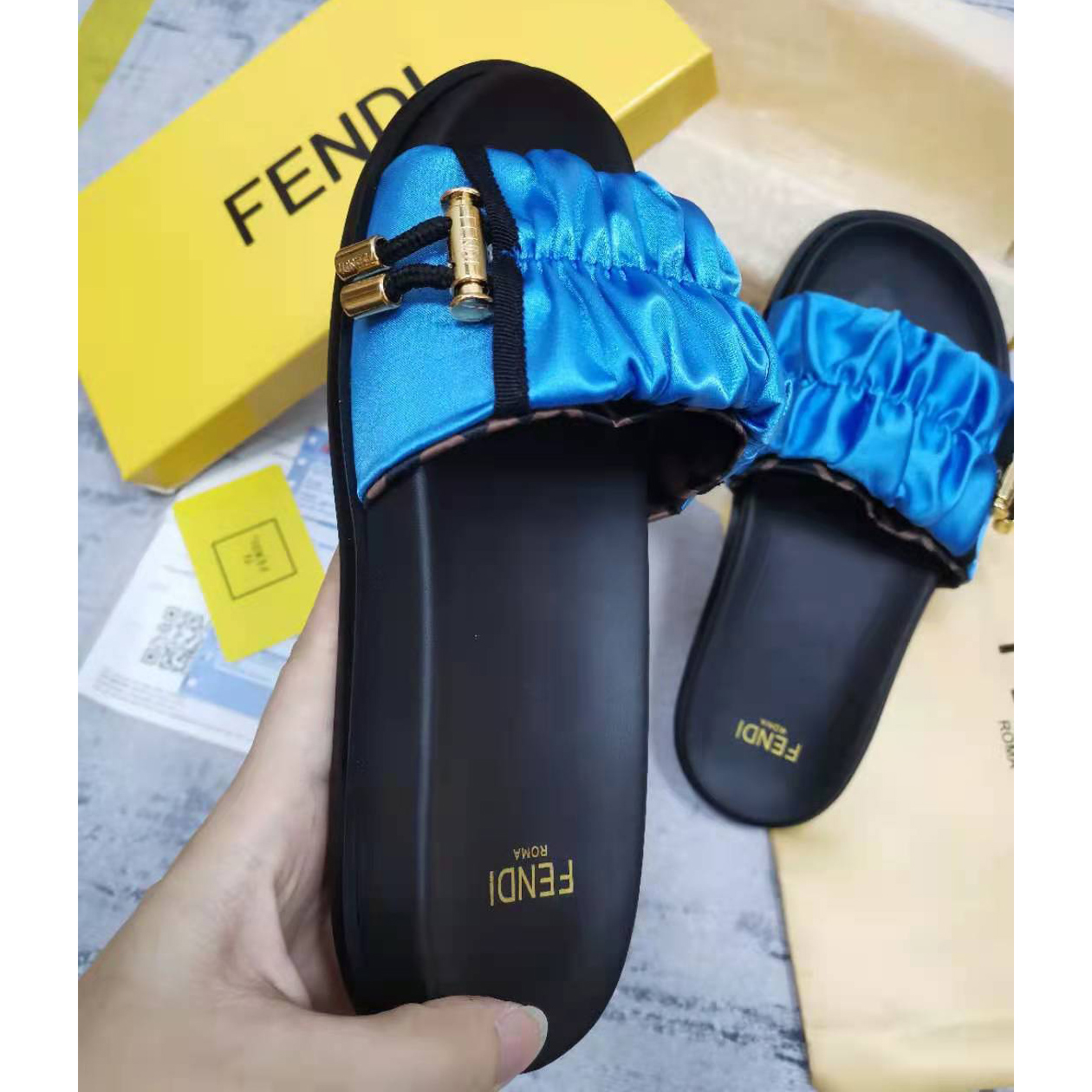 Fendi Fendi Feel Blue Satin Slides - FashionPlug