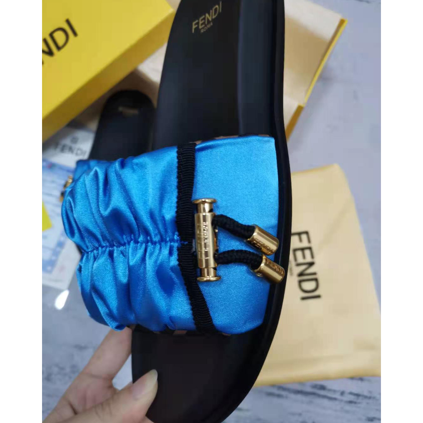 Fendi Fendi Feel Blue Satin Slides - FashionPlug