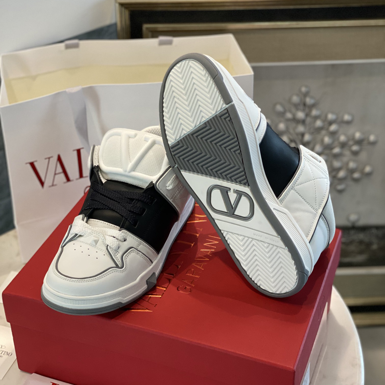 Valenti  Open Skate Calfskin And Fabric Sneaker In White/Black - FashionPlug