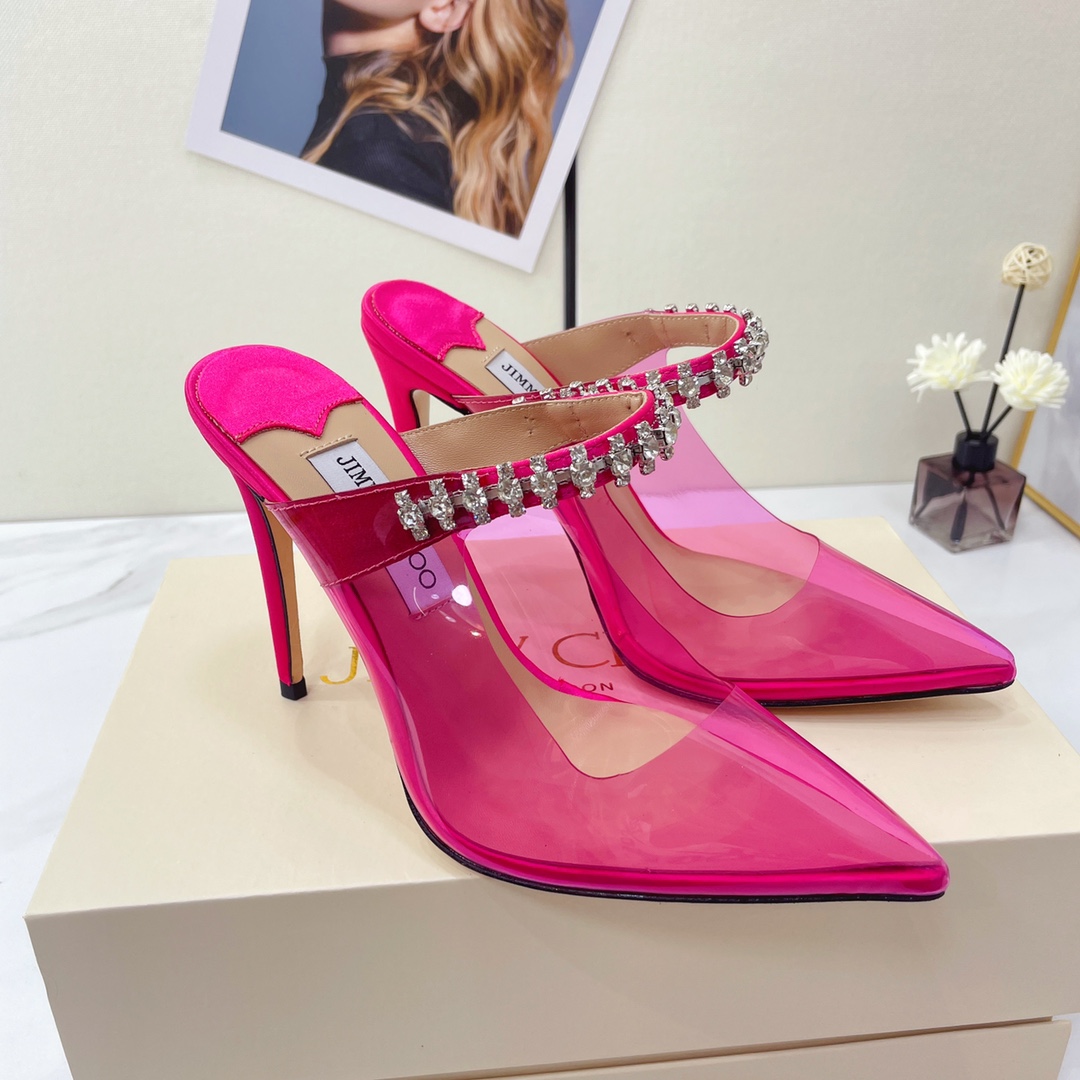 Jimmy Choo Bing 100 Hot Pink Neon Plexi Mules With Pink Crystal Strap - FashionPlug